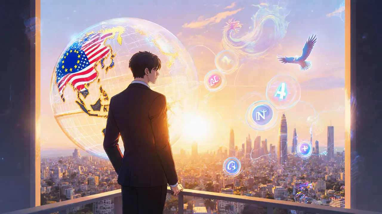 Líder cripto contempla un horizonte con símbolos de regulaciones y futuro.