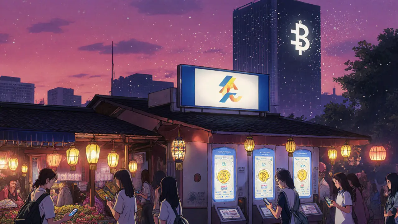 Mercado vietnamita futurista donde la gente paga con criptomonedas desde móviles.