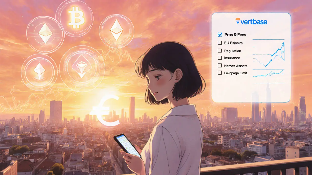 Usuario feliz en balcón europeo con hologramas de cripto y lista de pros y contras de Vertbase.