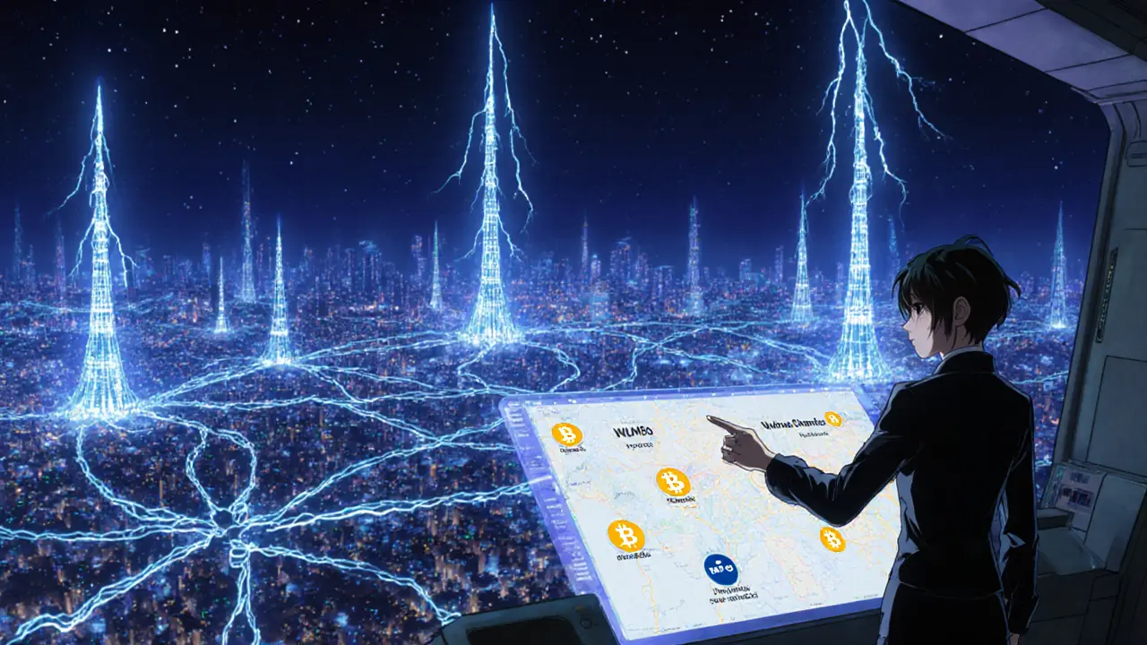 Vista futurista de la red Lightning con torres brillantes y rutas de luz.