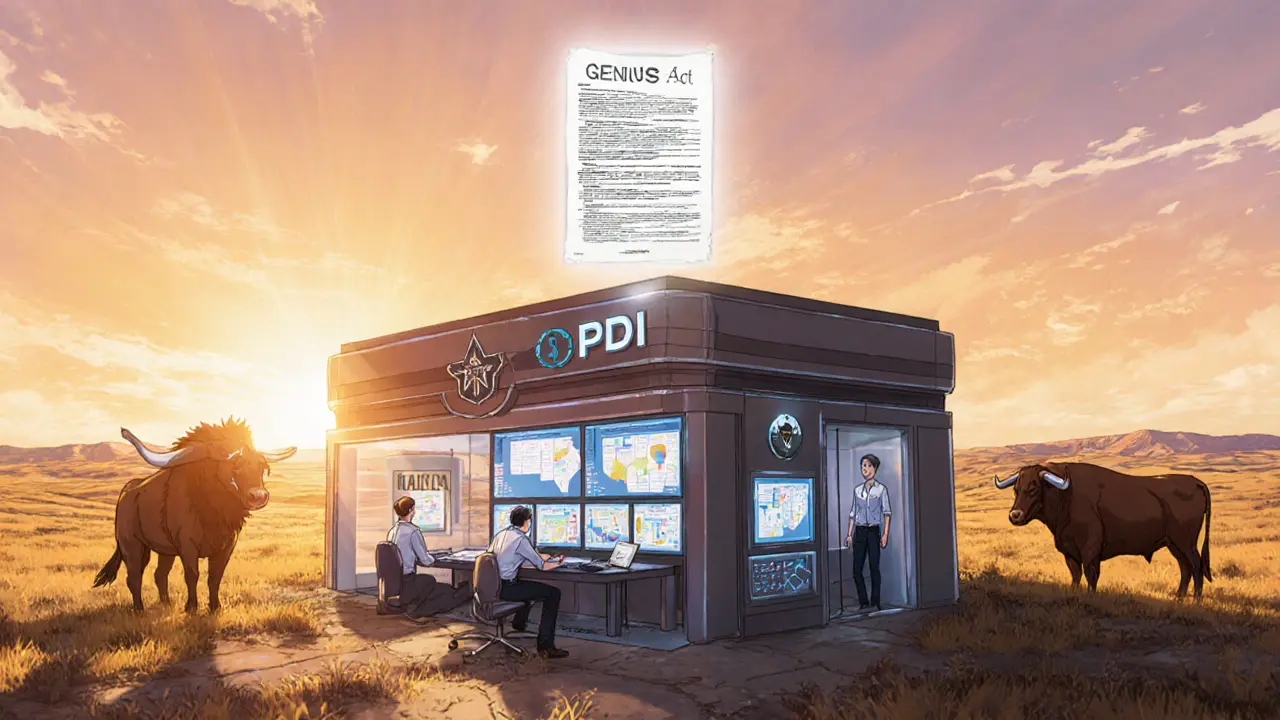 Centro cripto futurista en Wyoming‑Texas con edificio tipo banco, pantallas transparentes y documento del GENIUS Act.