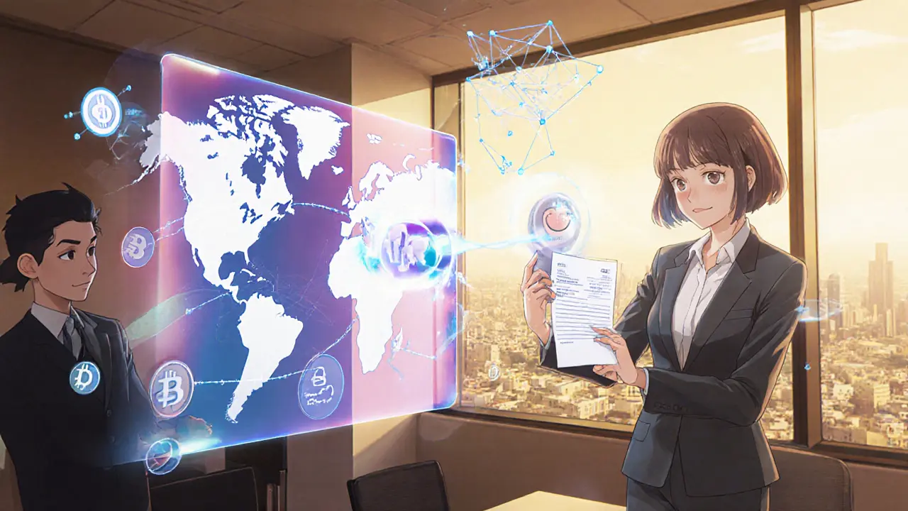 Ejecutiva en Zaragoza pagando a proveedor en Singapur con USDC, hologramas futuristas.