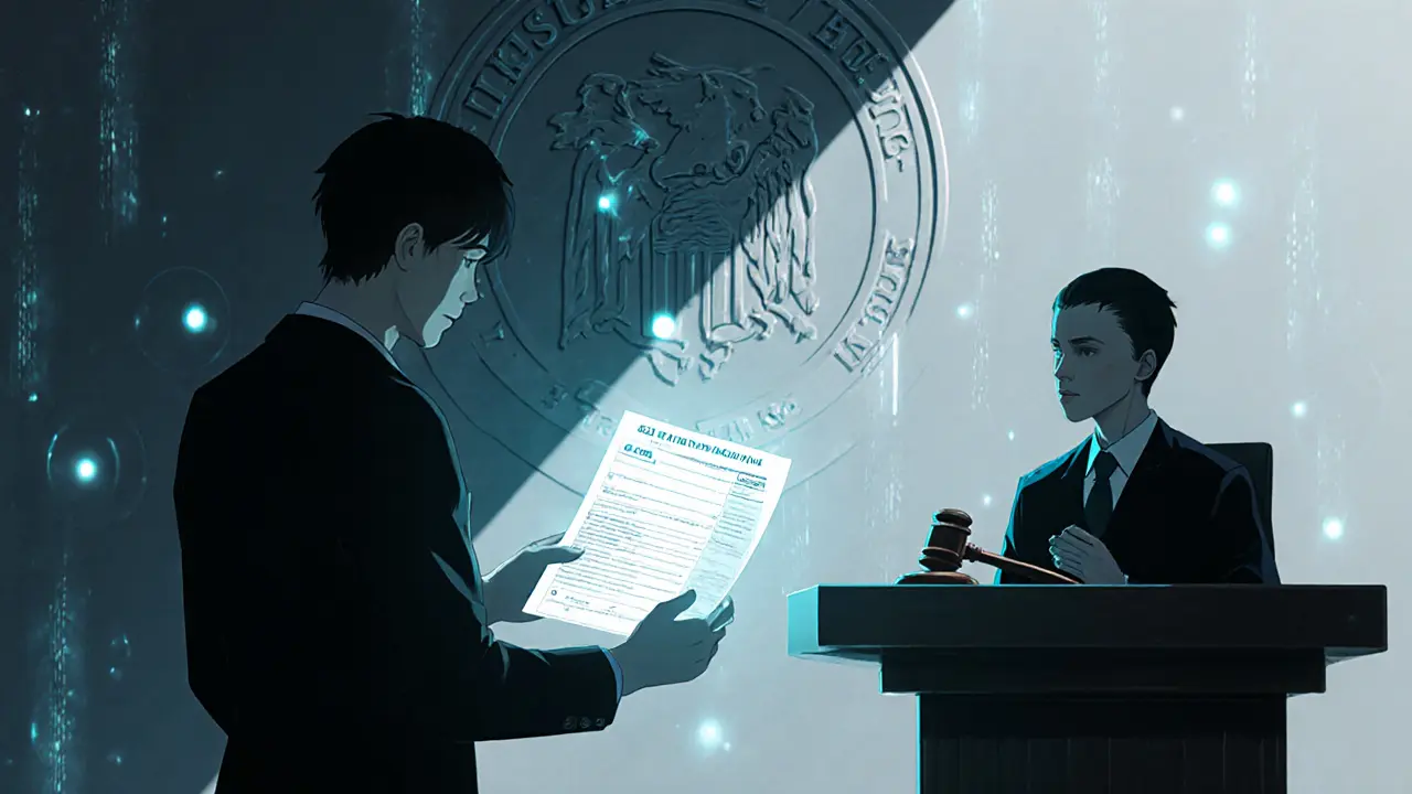 Escena de tribunal futurista donde se entrega un formulario 1099‑DA bajo luz dramática.