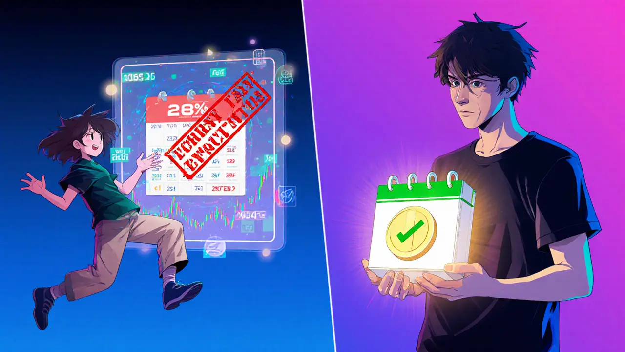 Escena dividida que muestra impuesto 28% en cripto corto plazo y exención largo plazo, estilo anime.