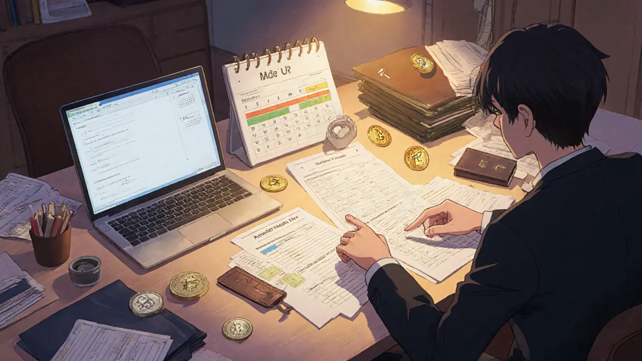 Mesa con documentos, calendario y símbolos de stablecoin, asesor y cliente discutiendo estrategia, estilo anime.