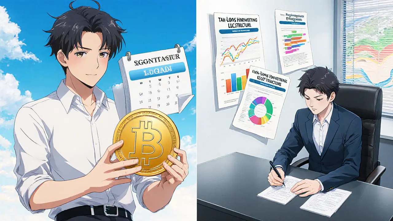 Personaje mostrando token Bitcoin y consultor fiscal revisando estrategias como tax‑loss y LLC.