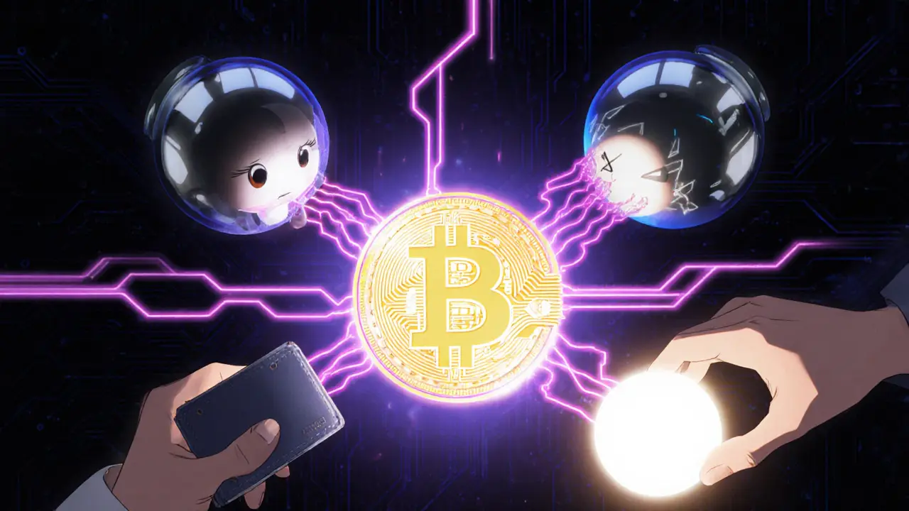 Transacción de stablecoin en Layer‑2 con tres nodos validadores y luces rápidas.