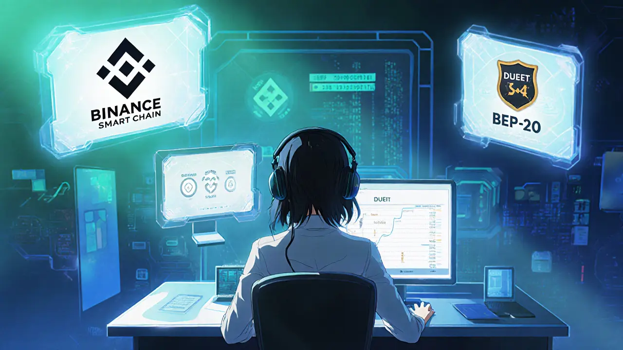 Desarrolladora anime revisando datos del token DUET y BSC en pantalla holográfica.