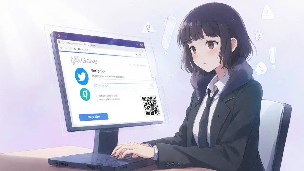 Protagonista anime completando registro del airdrop en Galxe con Twitter y wallet.