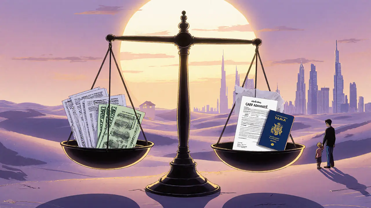 Balanza comparando impuestos de India y Dubái con documentos VARA y CARF.