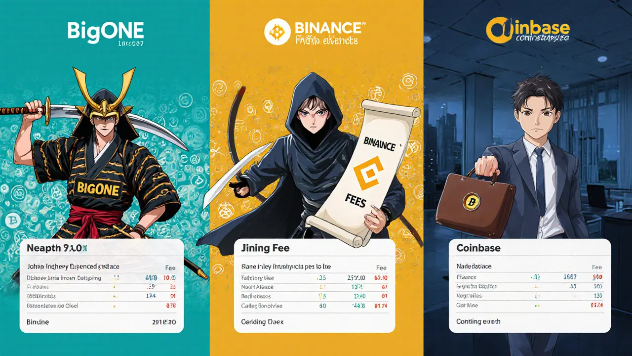 Comparación anime de BigONE, Binance y Coinbase con personajes representándolos.
