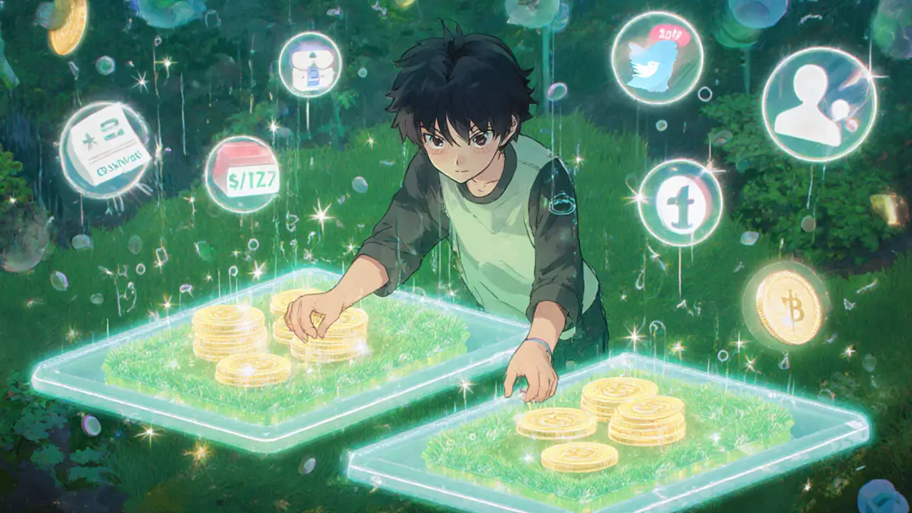 Escena anime de staking y actividad comunitaria con NFTs que generan puntos brillantes.