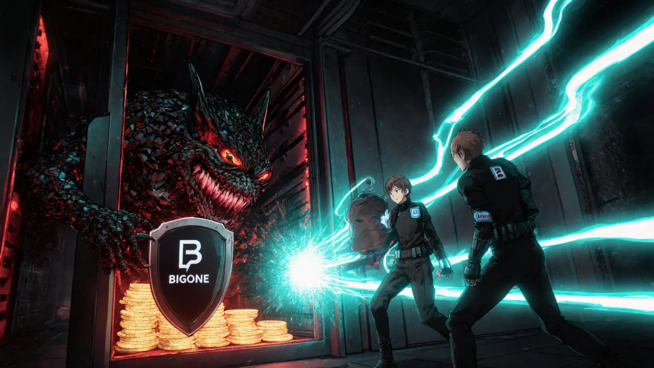 Escena estilo anime mostrando la defensa de BigONE contra el hack de julio 2025.