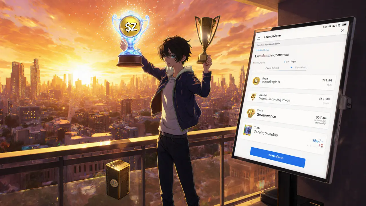 Personaje anime celebrando la airdrop, sosteniendo $LZ y mirando opciones de re‑staking.