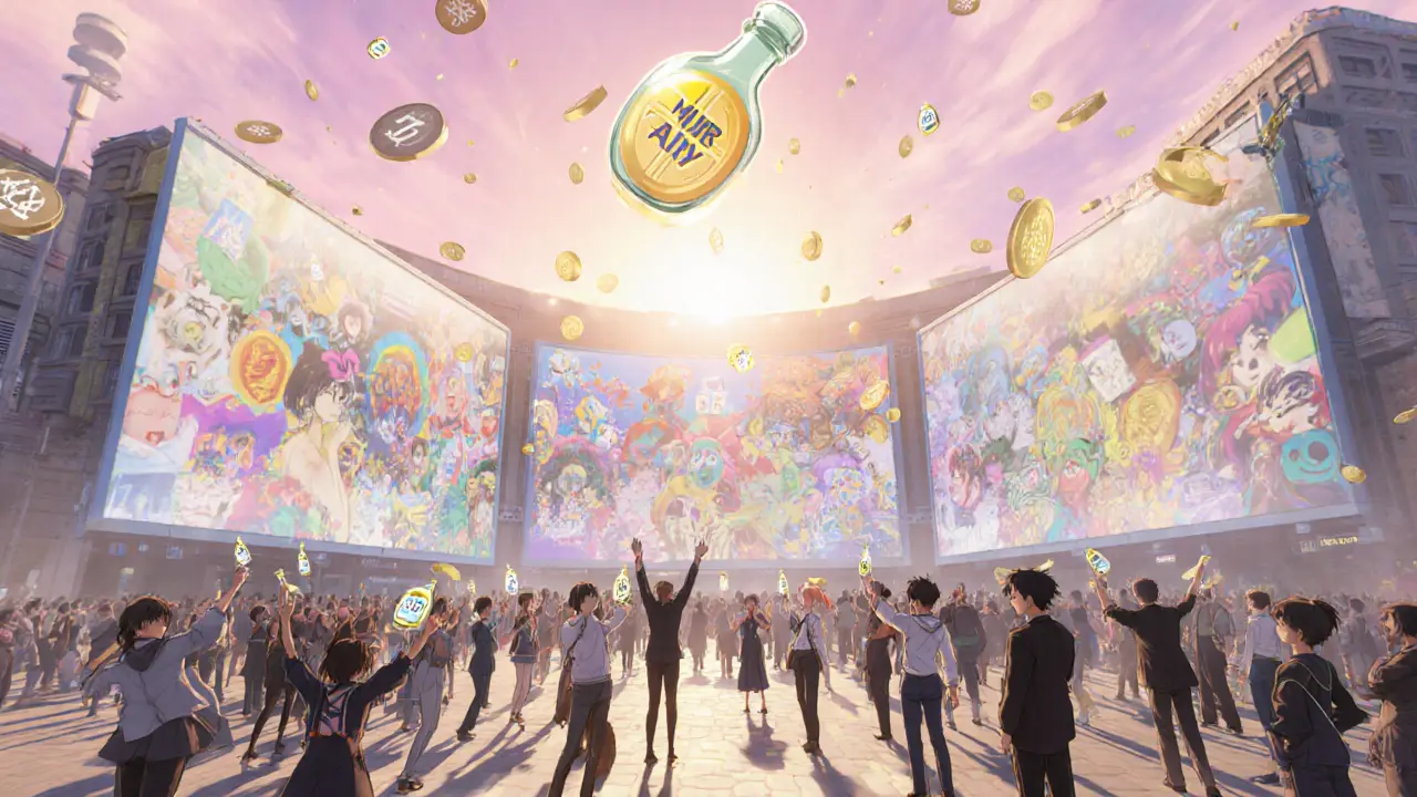 Plaza de metaverso anime muestra personajes celebrando el mural MurAll con botellas PAINT.