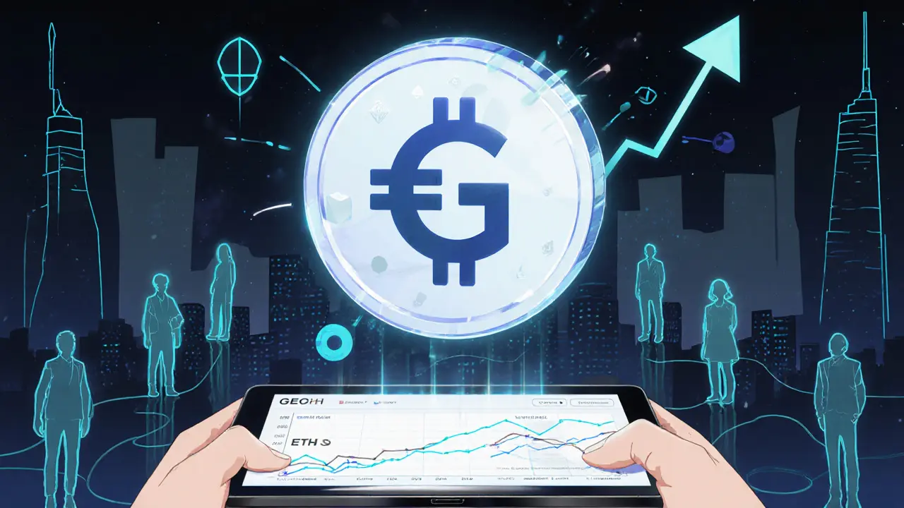 Token GEO flotante sobre tablet con gráficos de mercado y fondo de ciudad neon.