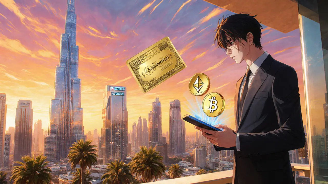 Trader feliz frente al skyline de Dubái con visa dorada y símbolos de cripto.