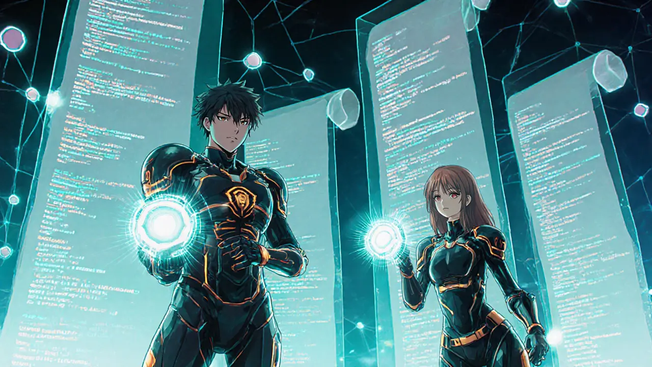Agentes de seguridad anime revisan contratos inteligentes de Astroport bajo luces brillantes.