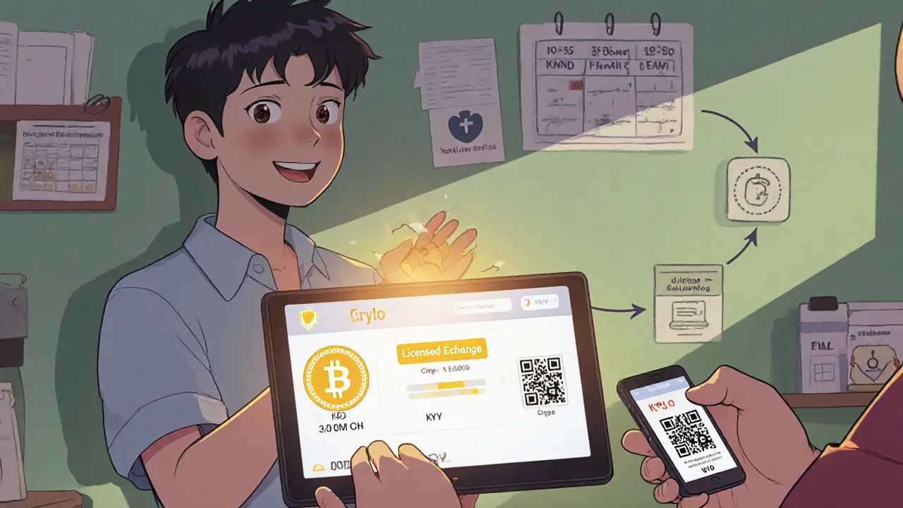 Comerciante usando una plataforma licenciada para convertir cripto a VND antes de vender un producto.