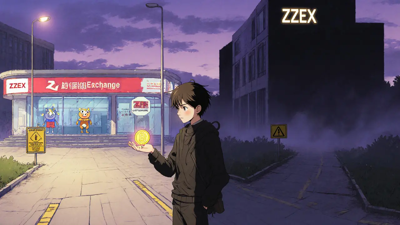 Cruz de caminos al atardecer con un token cripto y señales de riesgo y seguridad.