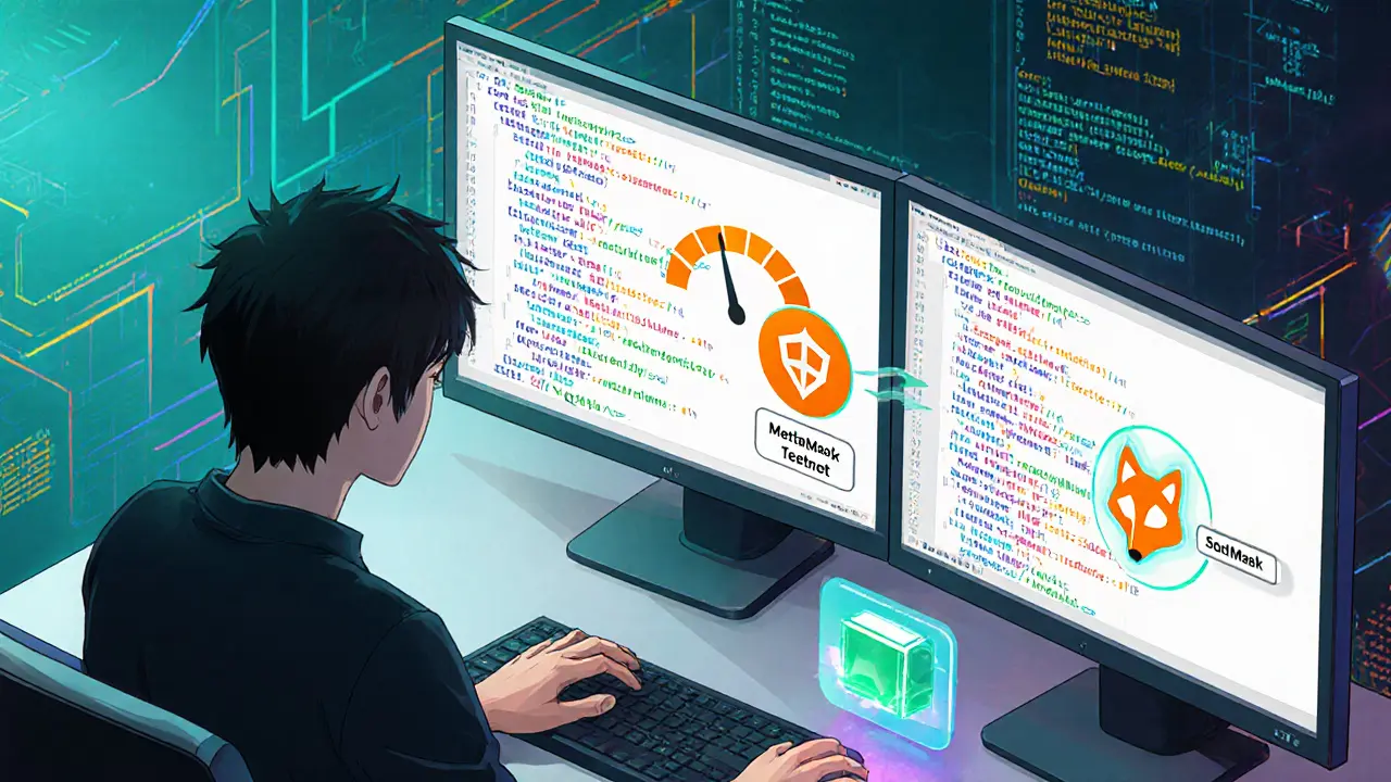 Desarrollador programando en Solidity mientras envía una transacción en testnet.