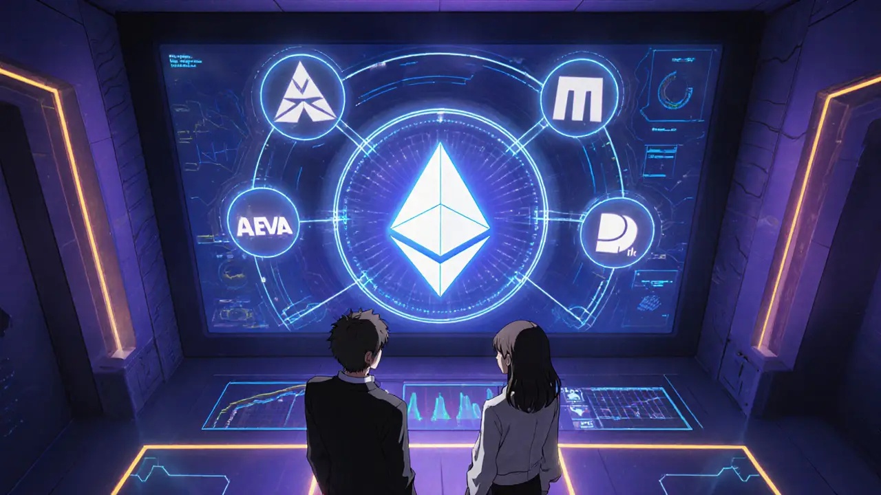 Equipo anime frente a pantalla holográfica que muestra ARIA20 y redes Ethereum, Polygon y POA.