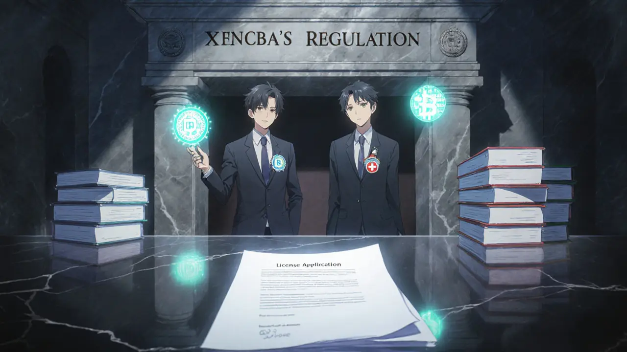 Escena de regulación con sellos FinCEN, bandera suiza y personajes anime revisando documentos.