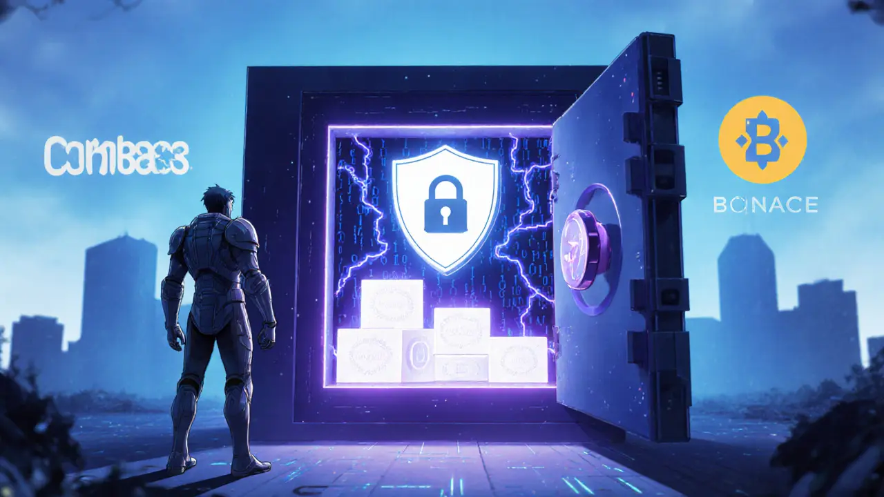 Escena de seguridad con caja fuerte futurista, carteras frías y escudo digital, estilo anime.