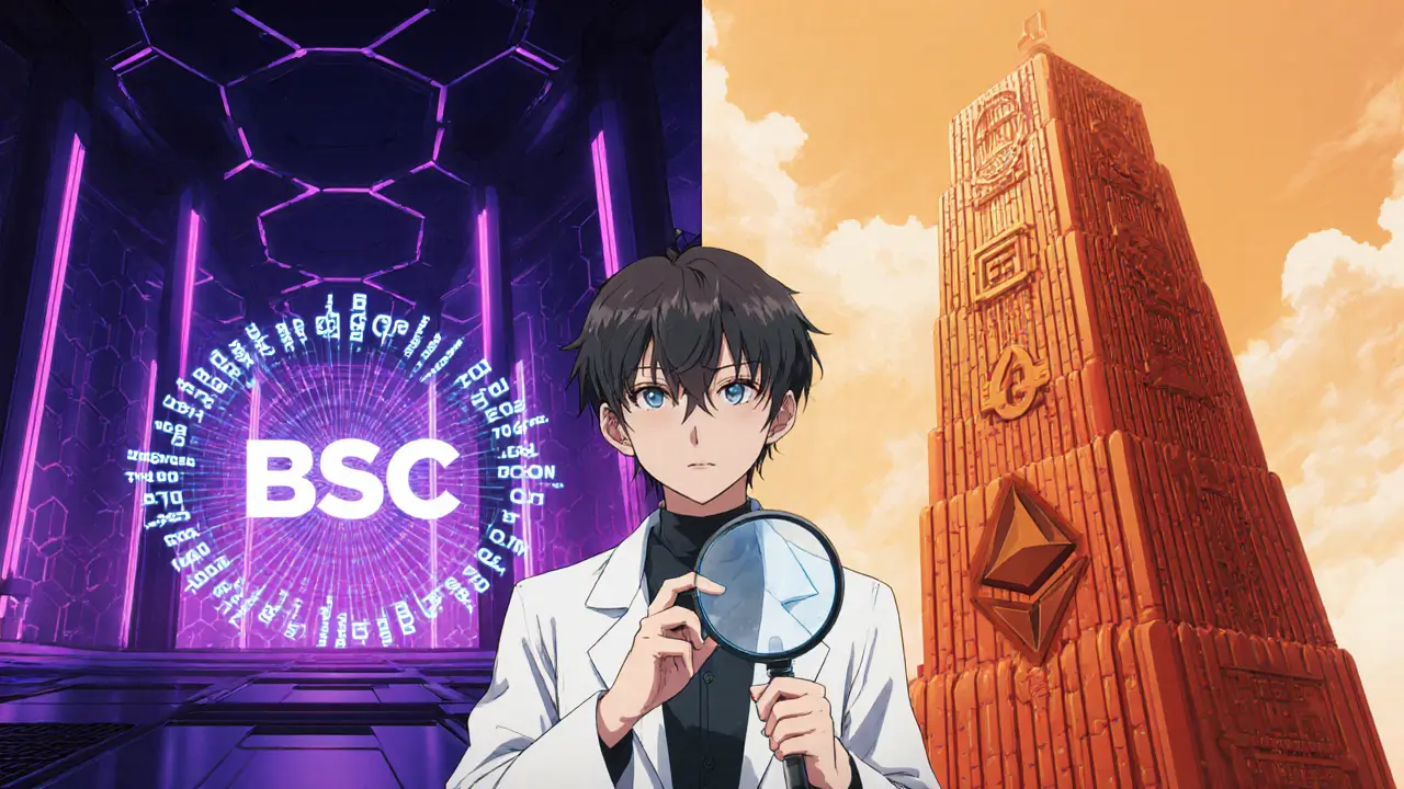 Escena dividida anime muestra BSC y Ethereum con un investigador comparando ambas cadenas.