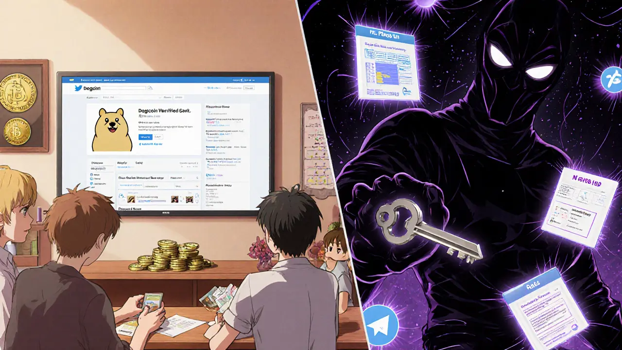 Escena dividida: comunidad legítima de Dogecoin vs caos digital de estafas con figuras malignas.