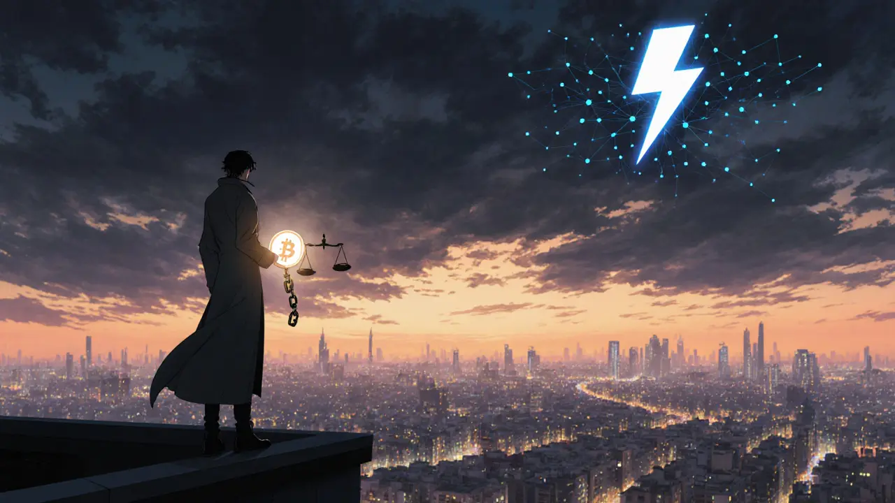 Figura en azotea observando la ciudad, cadena de blockchain y balanza legal al amanecer.