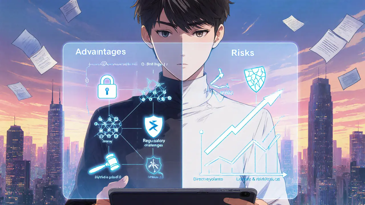 Figura revisando la hoja de ruta de Beldex, con iconos de ventajas y riesgos, y una cartera de hardware.