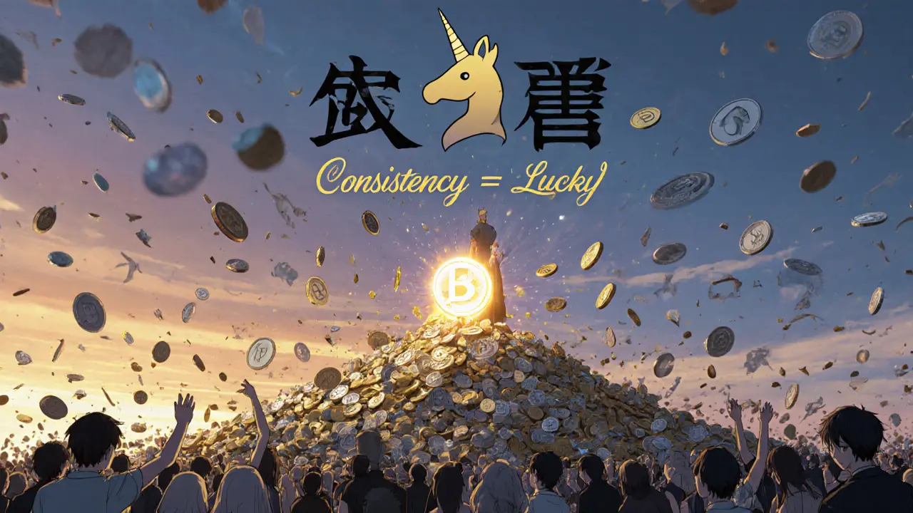 Figura solitaria eleva un faro BUNI mientras otros descartan tokens, simbolizando lealtad sobre suerte.