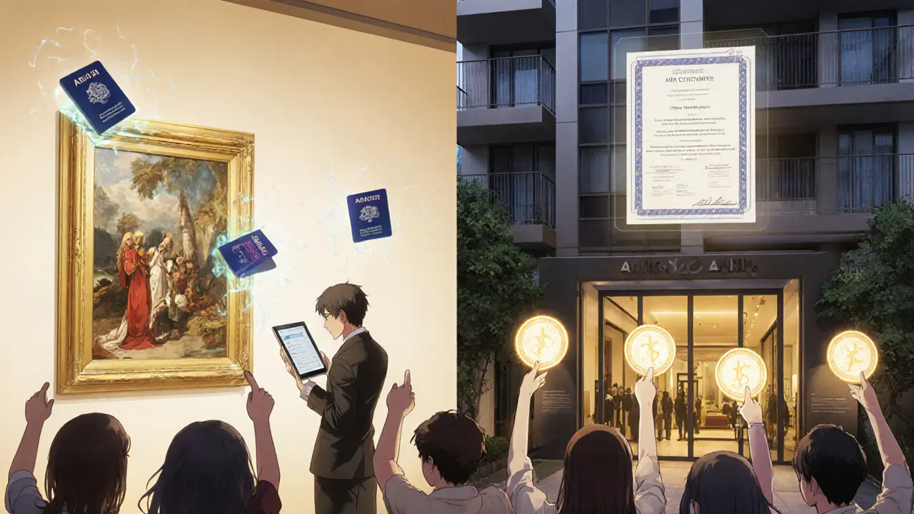 Galería de arte y condominio con NFTs de Arianee y miembros DAO votando con tokens brillantes.