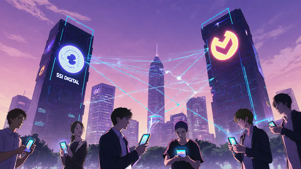 Horizonte futurista de Hanoi con torres de exchanges locales y traders conectados por smartphones.