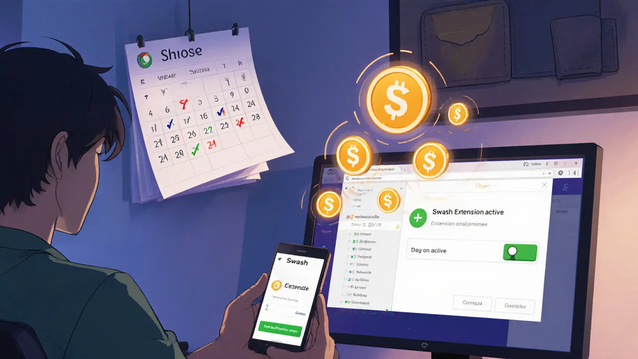 Instalación de la extensión Swash con interruptor verde y tokens entrando al monedero.