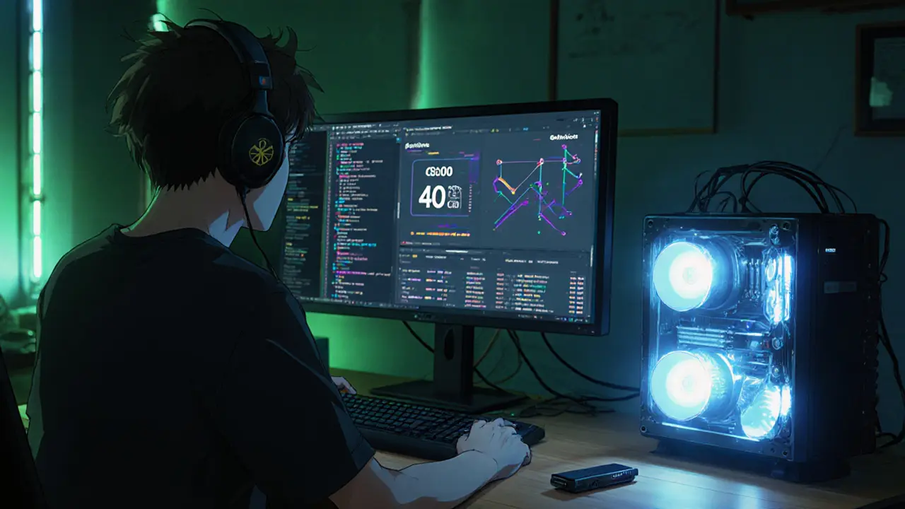 Joven programador anime minando Garlicoin con CPU y GPU en escritorio iluminado.