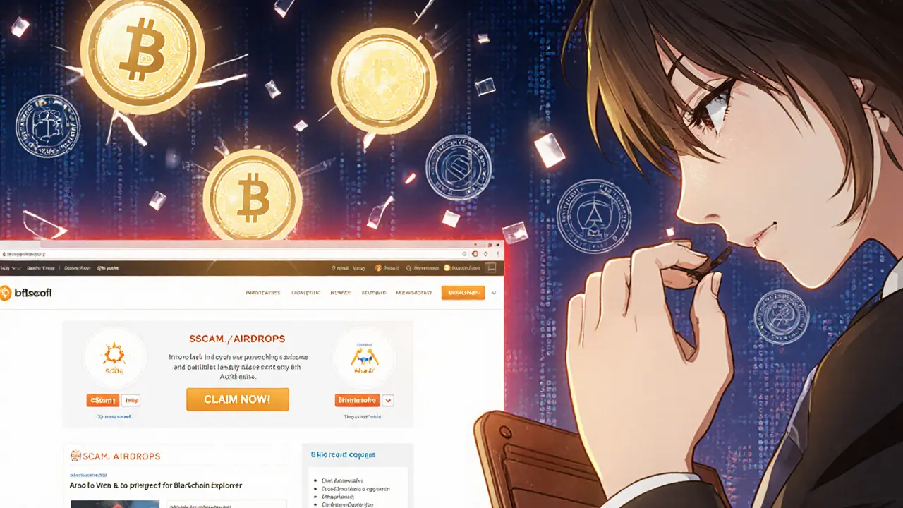 Mano dudando al conectar una billetera a un sitio de airdrop falso, mientras proyectos legítimos brillan como orbes seguros en el fondo.