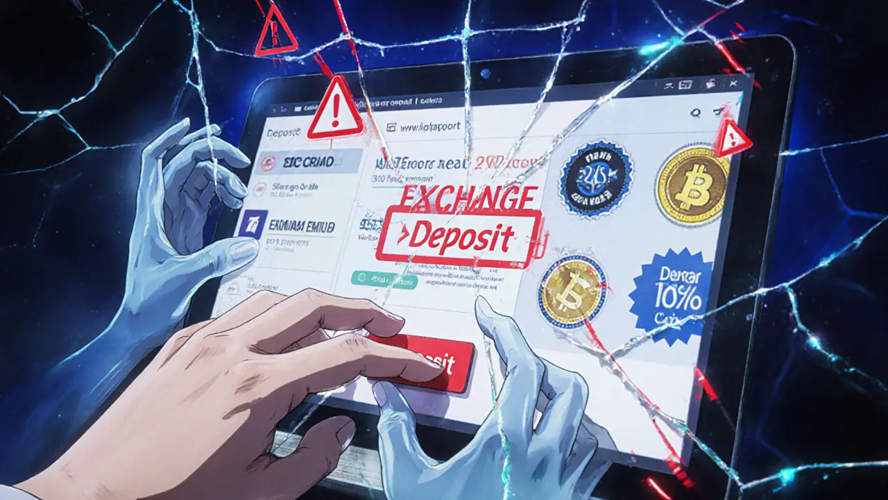 Mano temblorosa sobre un botón de depósito con manos fantasmas robando criptomonedas.