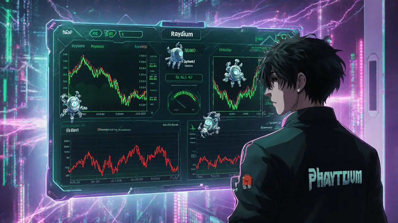 Pantalla holográfica muestra el pool de NORDO en Raydium con gráficos volátiles y bots.