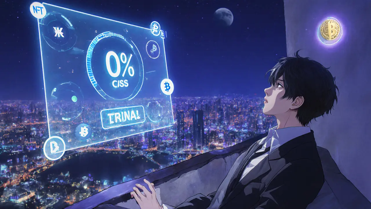 Persona relajada en balcón nocturno con holograma que muestra 0% de impuesto.