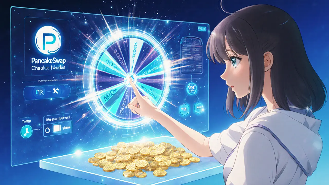 Personaje anime haciendo staking y viendo girar una rueda de lotería.