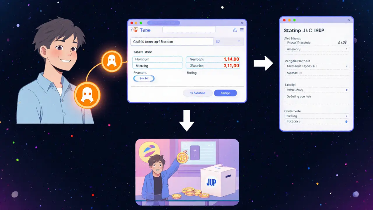 Personaje anime sigue una guía paso a paso para intercambiar tokens en Jupiter y votar con JUP.