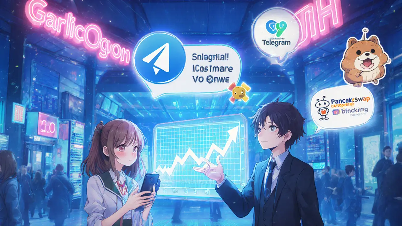 Personajes anime en intercambio virtual mostrando wallet móvil y gráfico de Garlicoin.