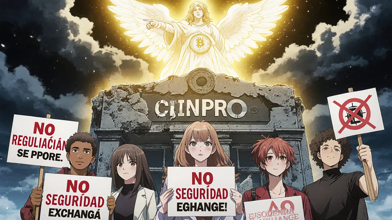 Personajes con señales de advertencia frente a un edificio en ruinas de Coiny Pro, mientras intercambios seguros brillan en la distancia.