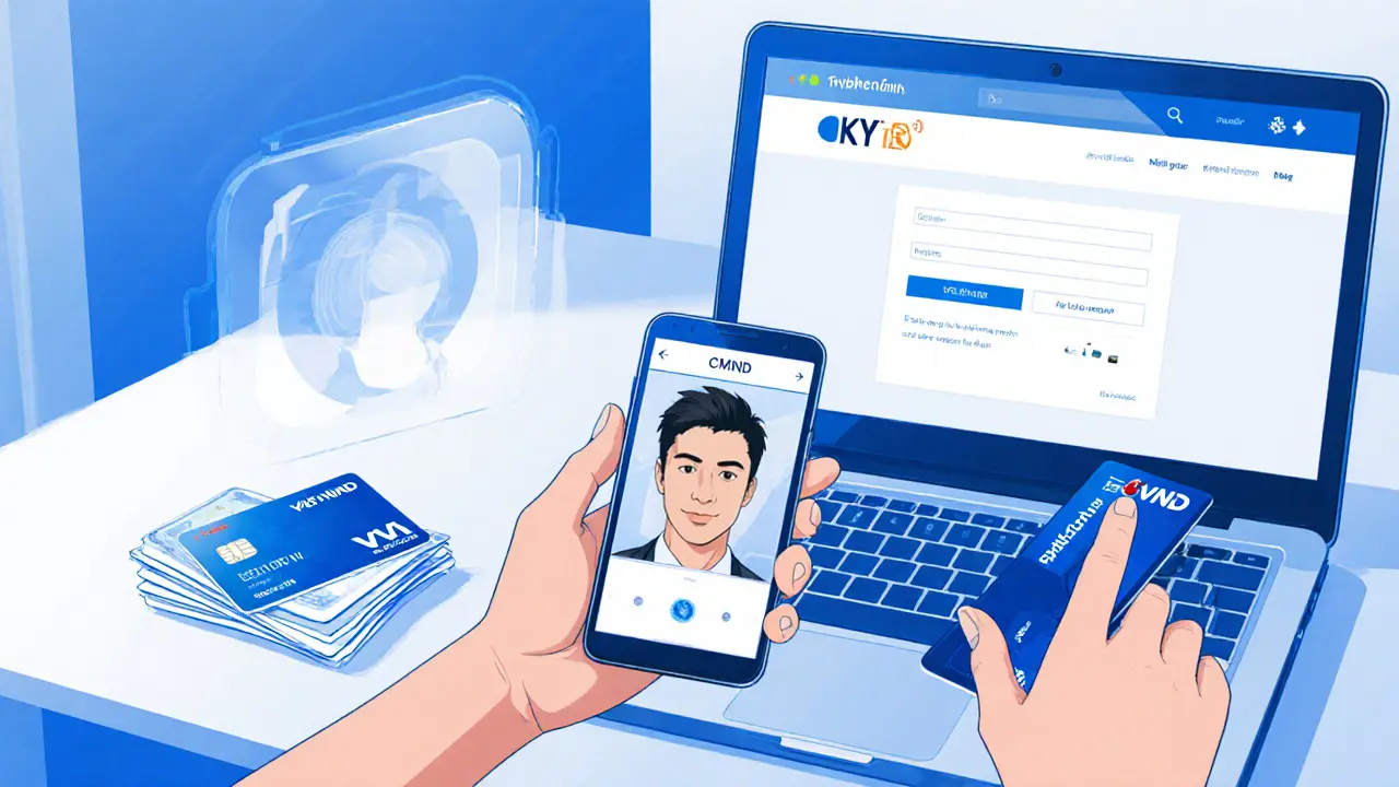 Primer plano de escritorio con ID, selfie y VND listo para depositar en intercambio de criptomonedas.