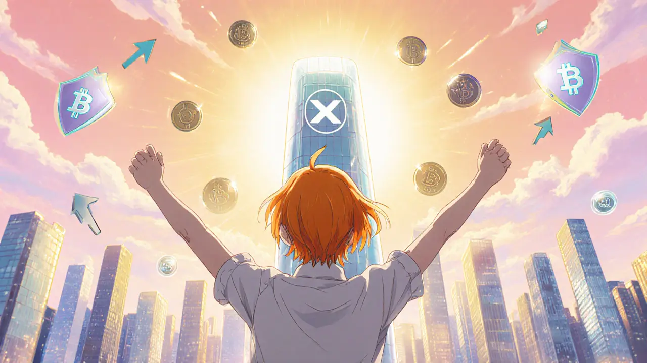 Protagonista anime observando horizonte futurista con logo de Xcalibra y símbolos de crecimiento.