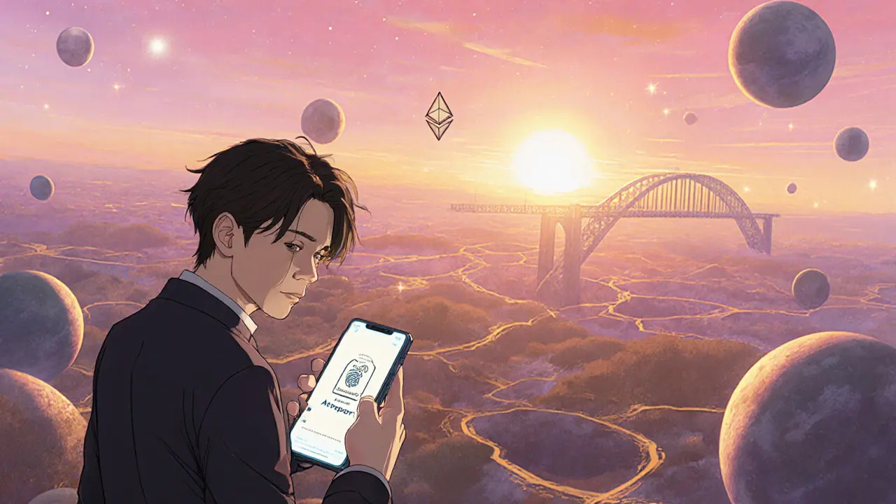 Protagonista anime usa app móvil de Astroport con conexiones cósmicas y puente a Ethereum.
