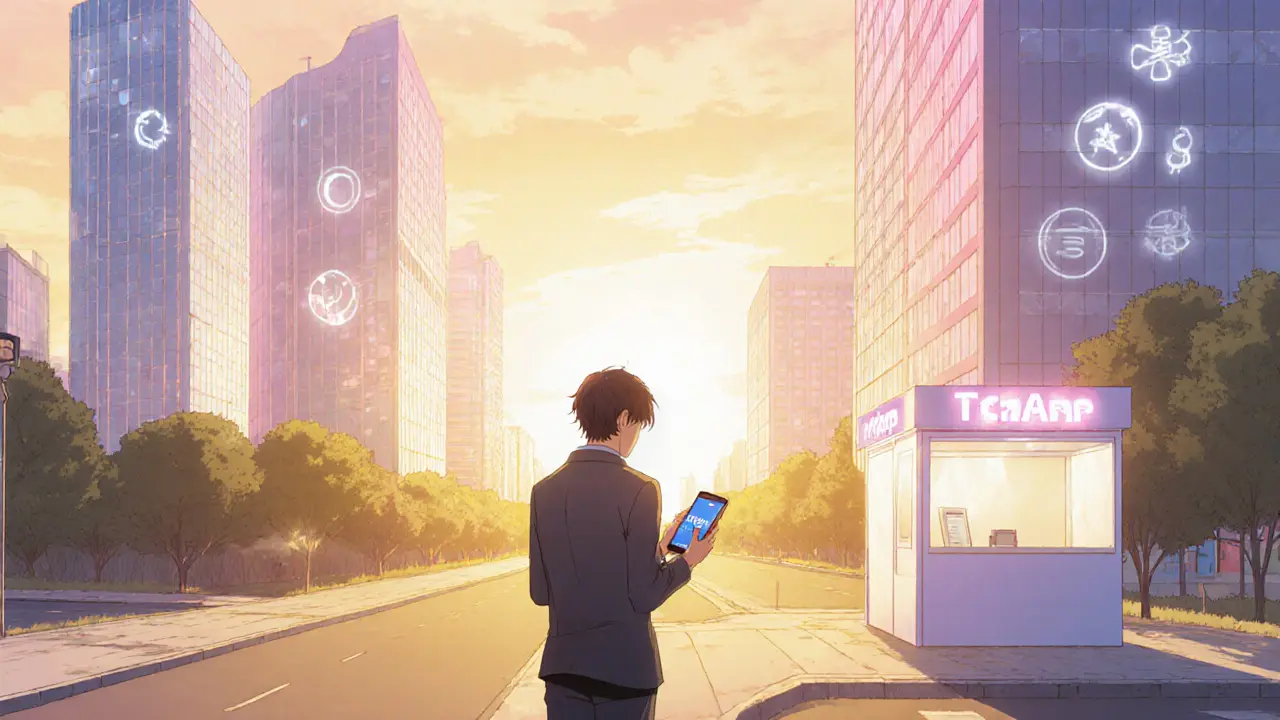 Protagonista elige entre el gran exchange y la pequeña plataforma TCHApp en una bifurcación de caminos.