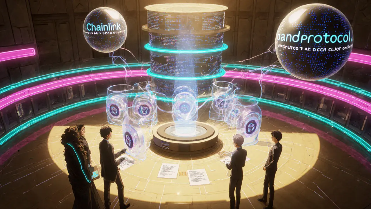 Reunión holográfica de una DAO con oráculos y capas de rollup.